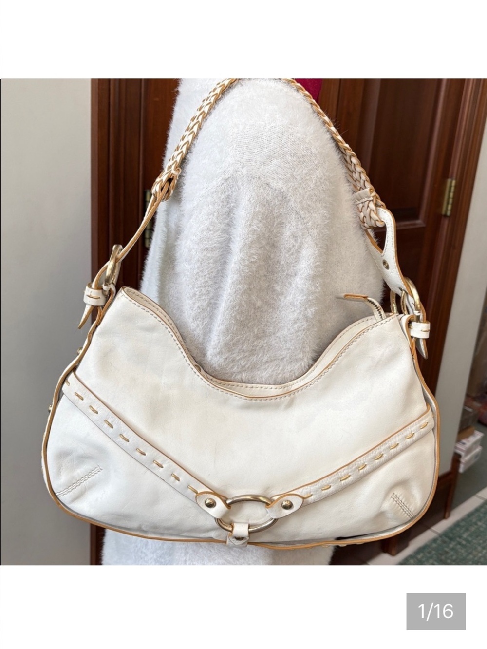 Via Spiga  shoulder bag  Leather smooth  white/tan stitching braided handle  EUC